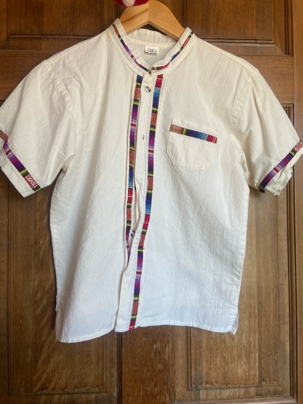 White Boys Short-Sleeve Button Shirt with Multi-Color Trim